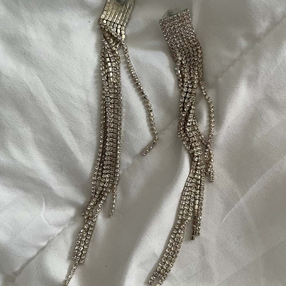 Long Rhinestone Tassel Drop Earrings